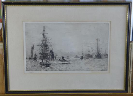 William Lionel Wyllie (1851-1931) HMS Victory and submarines in Portsmouth Harbour, 8.75 x 14.75in.